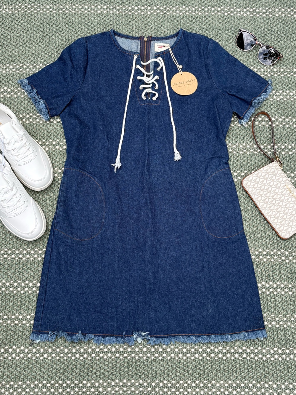 emory park Dark Blue Denim Lace-Up Midi Dress